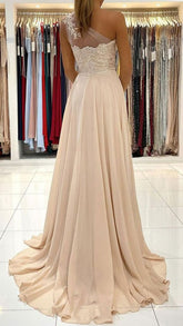 Chiffon A-line One Shoulder Lace Prom Dresses, Evening Gown, Formal Dress